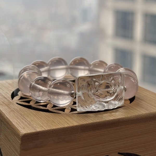 Transparent Rose Quartz and Rock Crystal Carved Bracelet