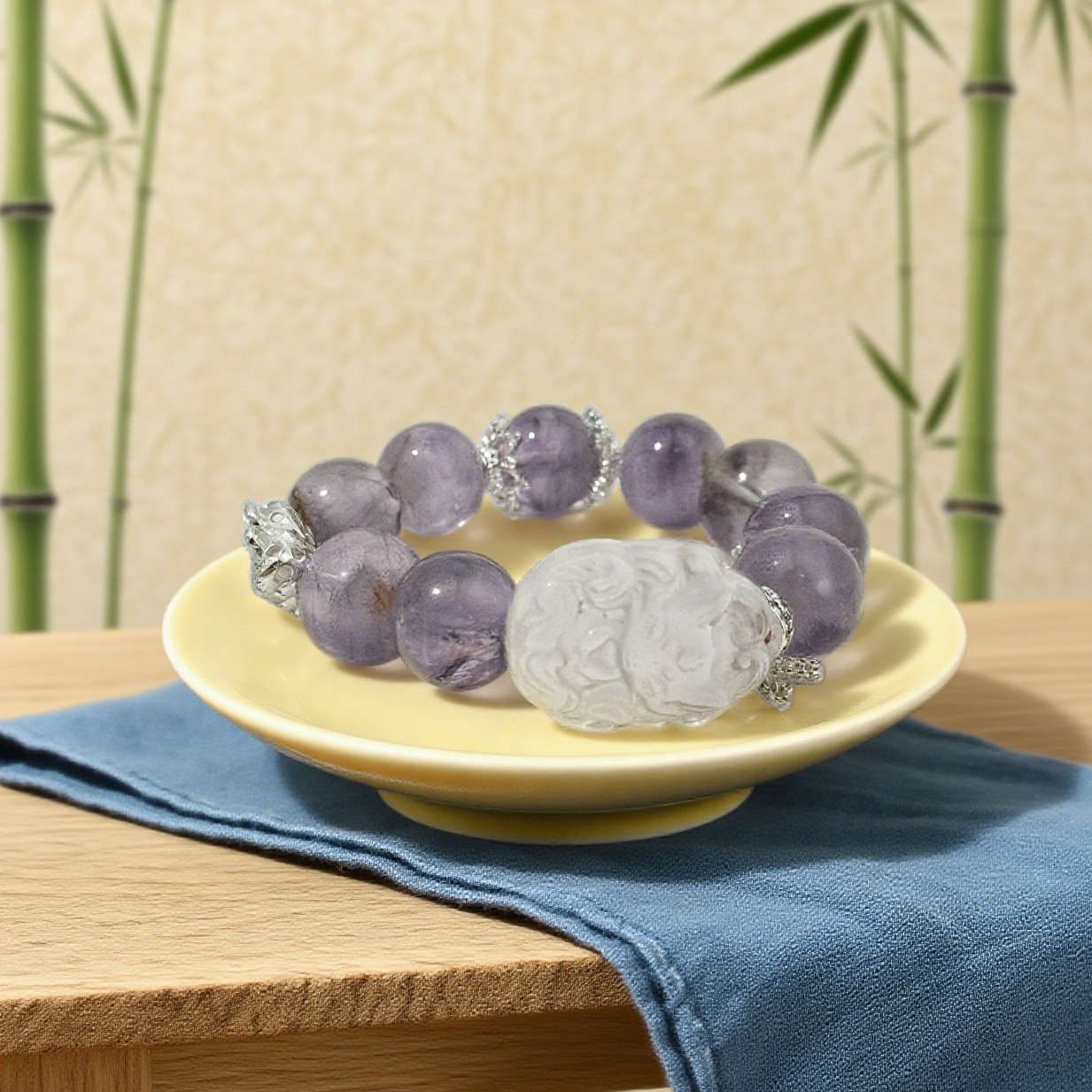 Mainly made of amethyst (showing an elegant lavender - purple tone, with transparent crystals), paired with a mythical beast carved from rock crystal