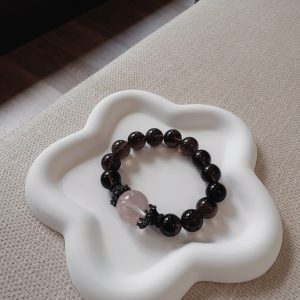 Smoky Quartz & Rose Quartz Crystal Bracelet - Natural Beaded Jewelry with Carved Rose Quartz Heart, Energy Purification, Heart Chakra Healing, Elegant Accessory