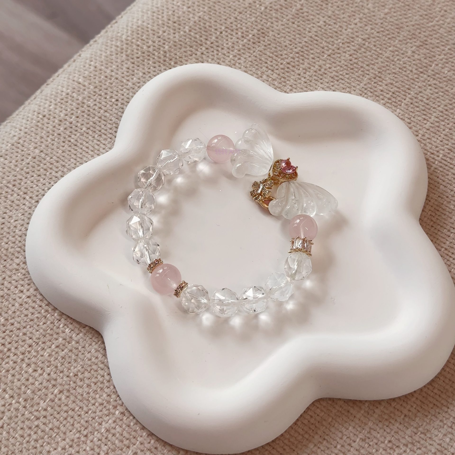 Clear Quartz & Rose Quartz Crystal Bracelet - Faceted Clear Quartz, Rose Quartz Beads with Fairy Charm, Energy Purification, Heart Chakra Healing, Elegant Accessory